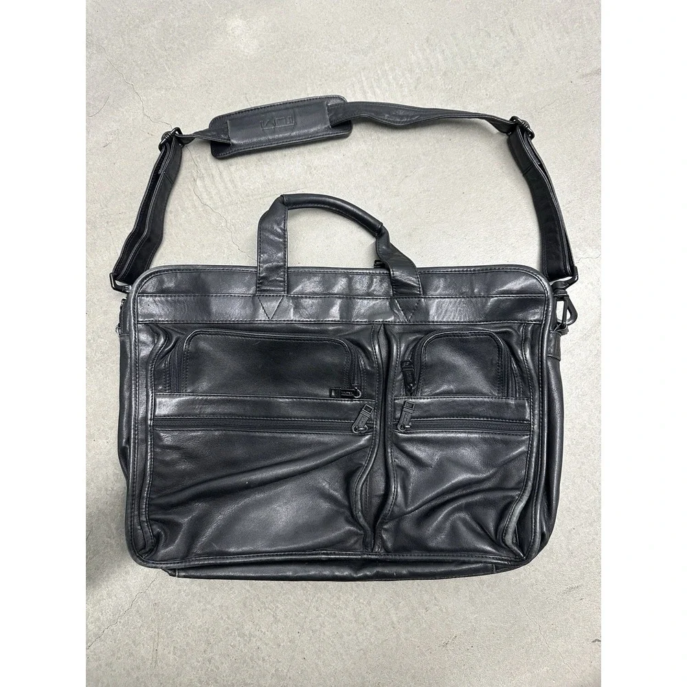 TUMI Alpha Black Nappa Leather Expandable Briefcase Laptop Bag Shoulder Strap